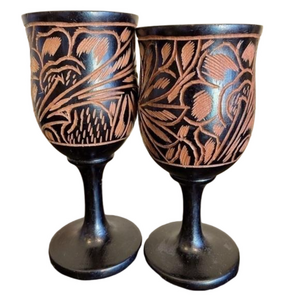 Wooden Black Goblets with Traditional Images Ornament, Handmade in Haiti